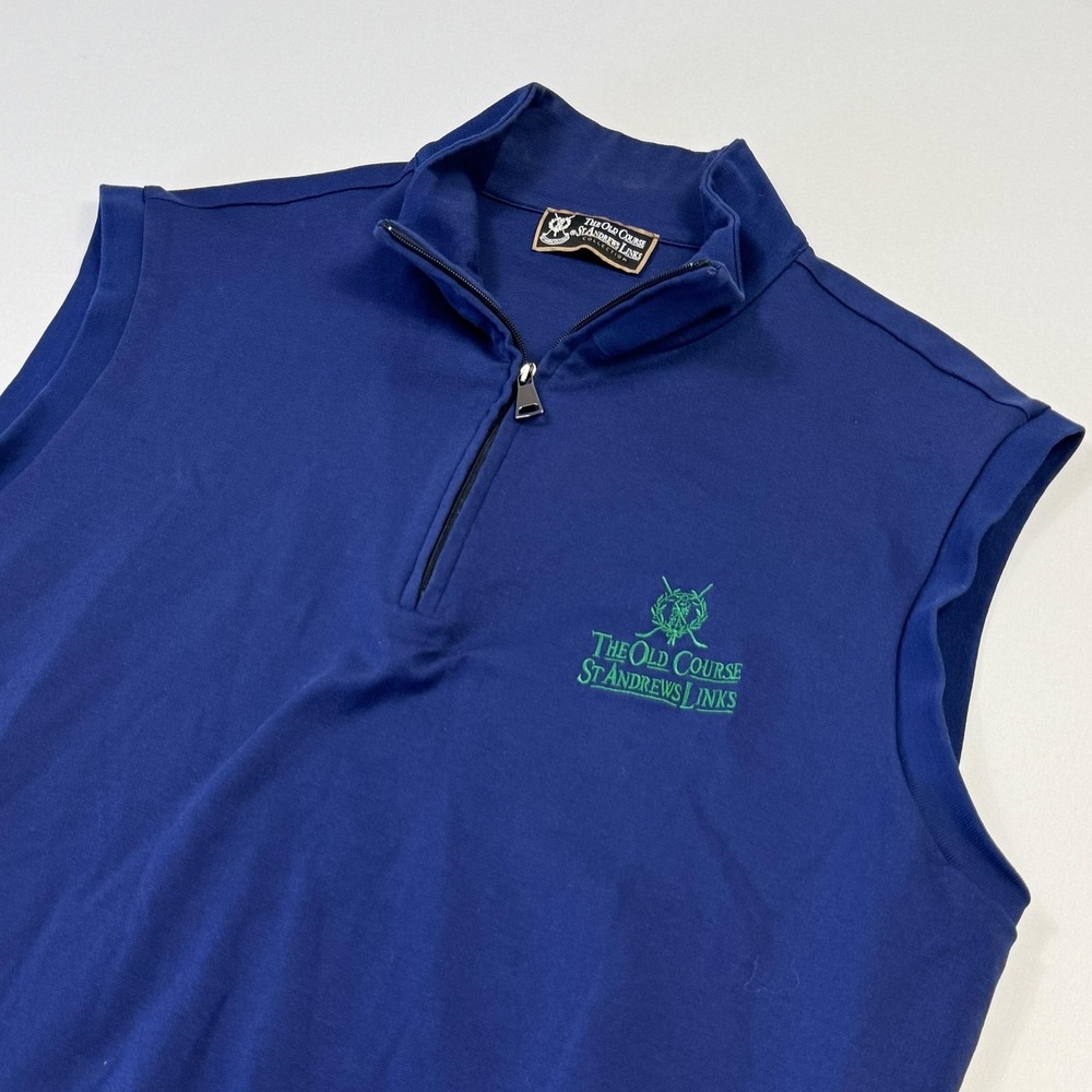 Old Course St Andrews Links Sweater Vest Mens Small Blue 1/4 Zip Mock Neck Golf‎